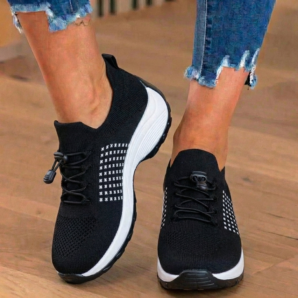 High-top knit sneakers with toggle laces and contrasting thick soles