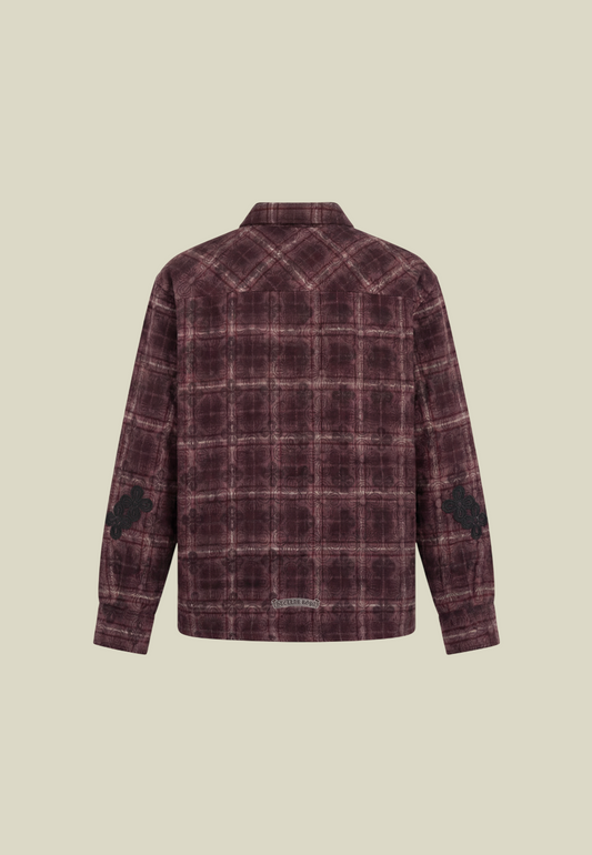 Red checked long-sleeved flannel shirt with button front and chest pocket