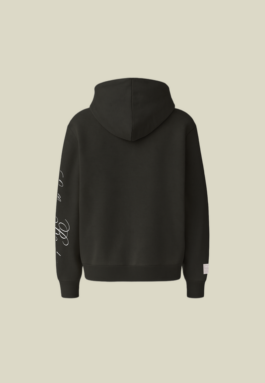 Black hooded sweatshirt with long sleeves