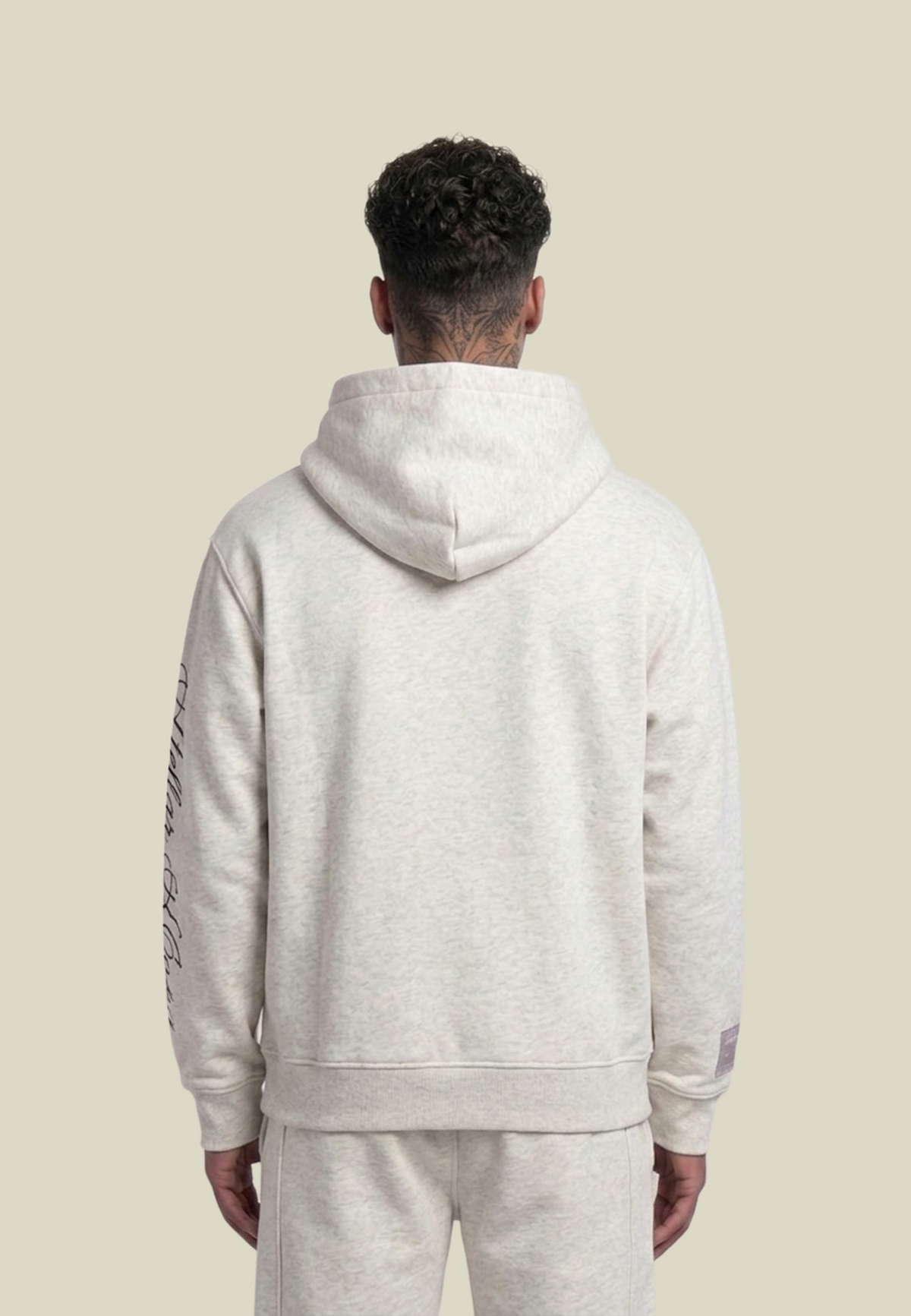 Grey unisex pullover hoodie with hood, front pouch pocket and sleeve graphic
