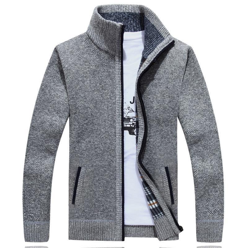 Men's textured knit cardigan jacket with high collar and zip fastening