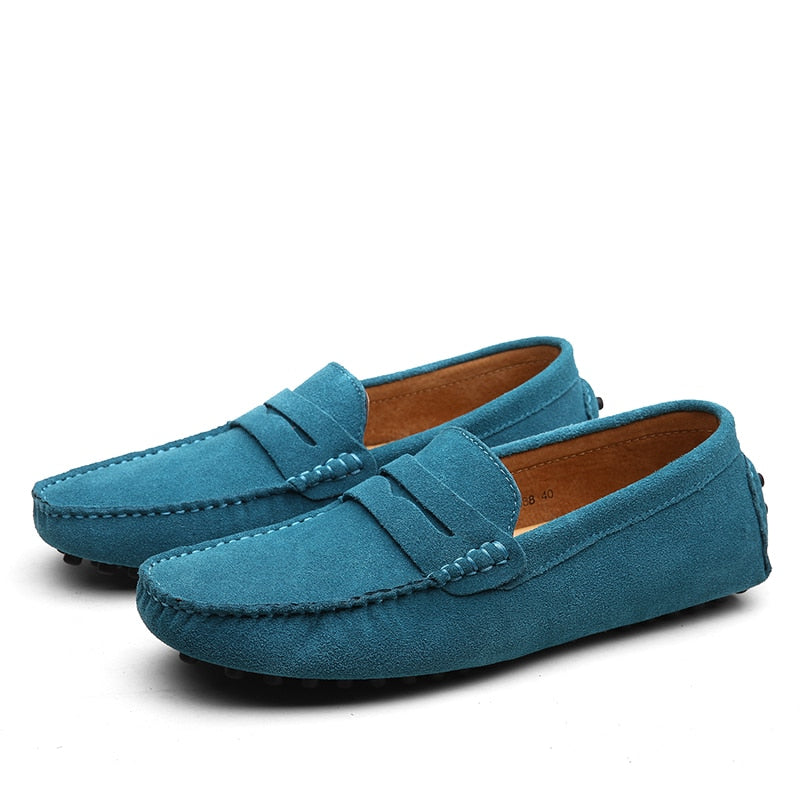 Men's suede loafers with moc toe and penny strap