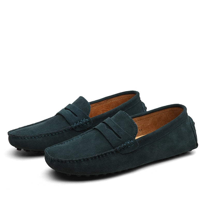 Men's suede loafers with moc toe and penny strap