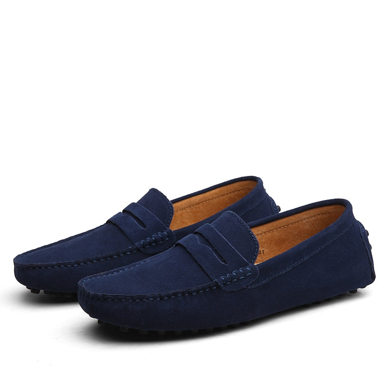 Men's suede loafers with moc toe and penny strap