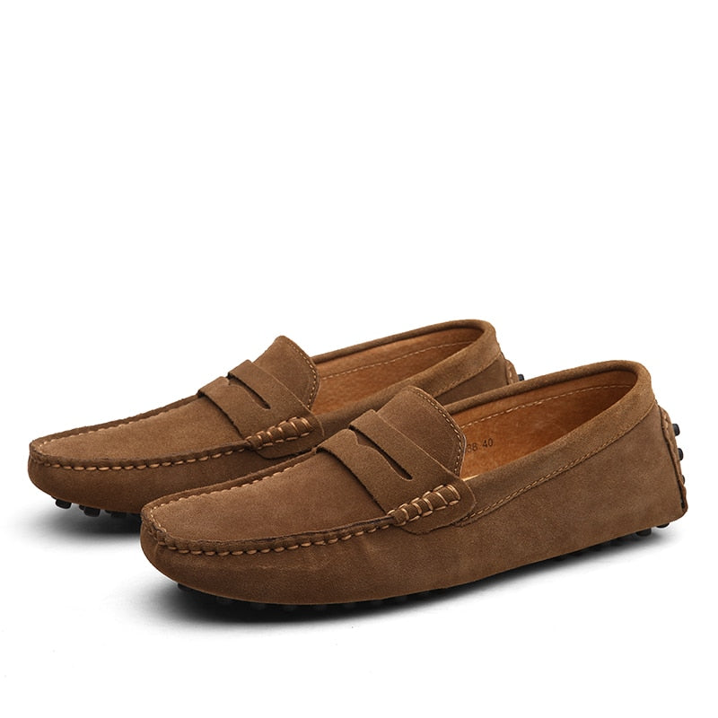 Men's suede loafers with moc toe and penny strap