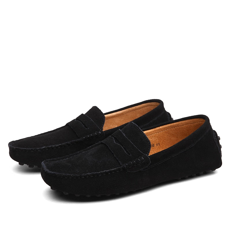 Men's suede loafers with moc toe and penny strap