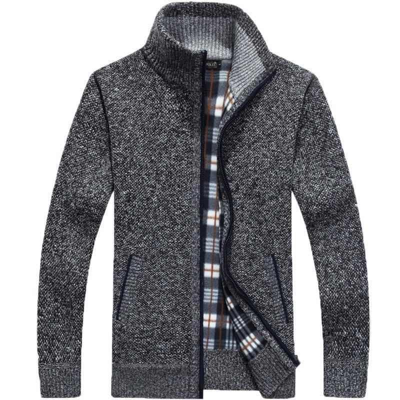 Men's textured knit cardigan jacket with high collar and zip fastening