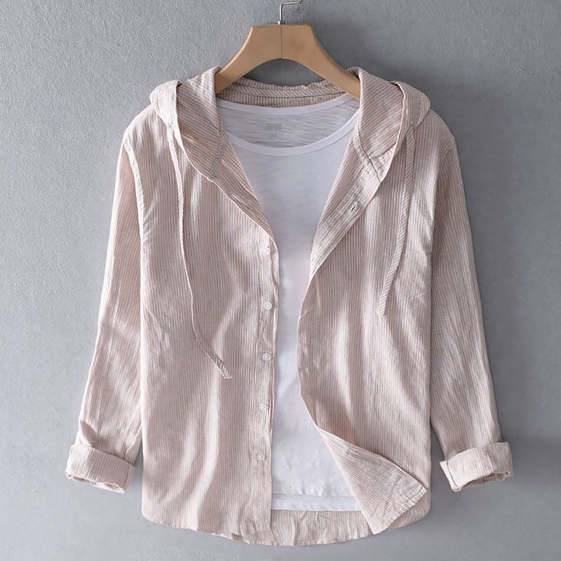 Men's Long Sleeve Linen Blend Hooded Shirt, Button-Front Casual Overshirt with Drawstring Hood