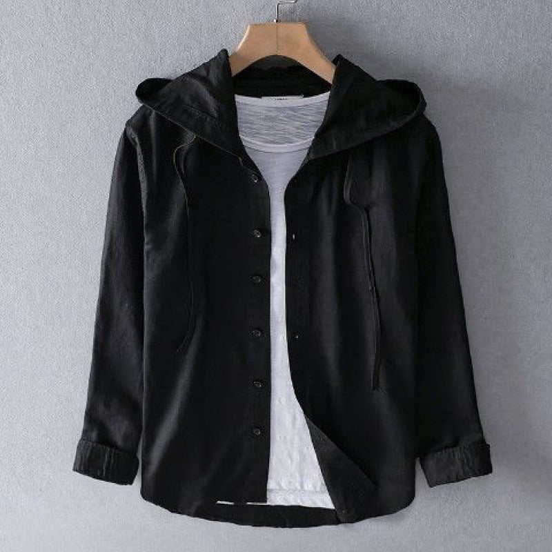 Men's Long Sleeve Linen Blend Hooded Shirt, Button-Front Casual Overshirt with Drawstring Hood
