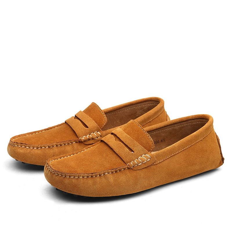 Men's suede loafers with moc toe and penny strap