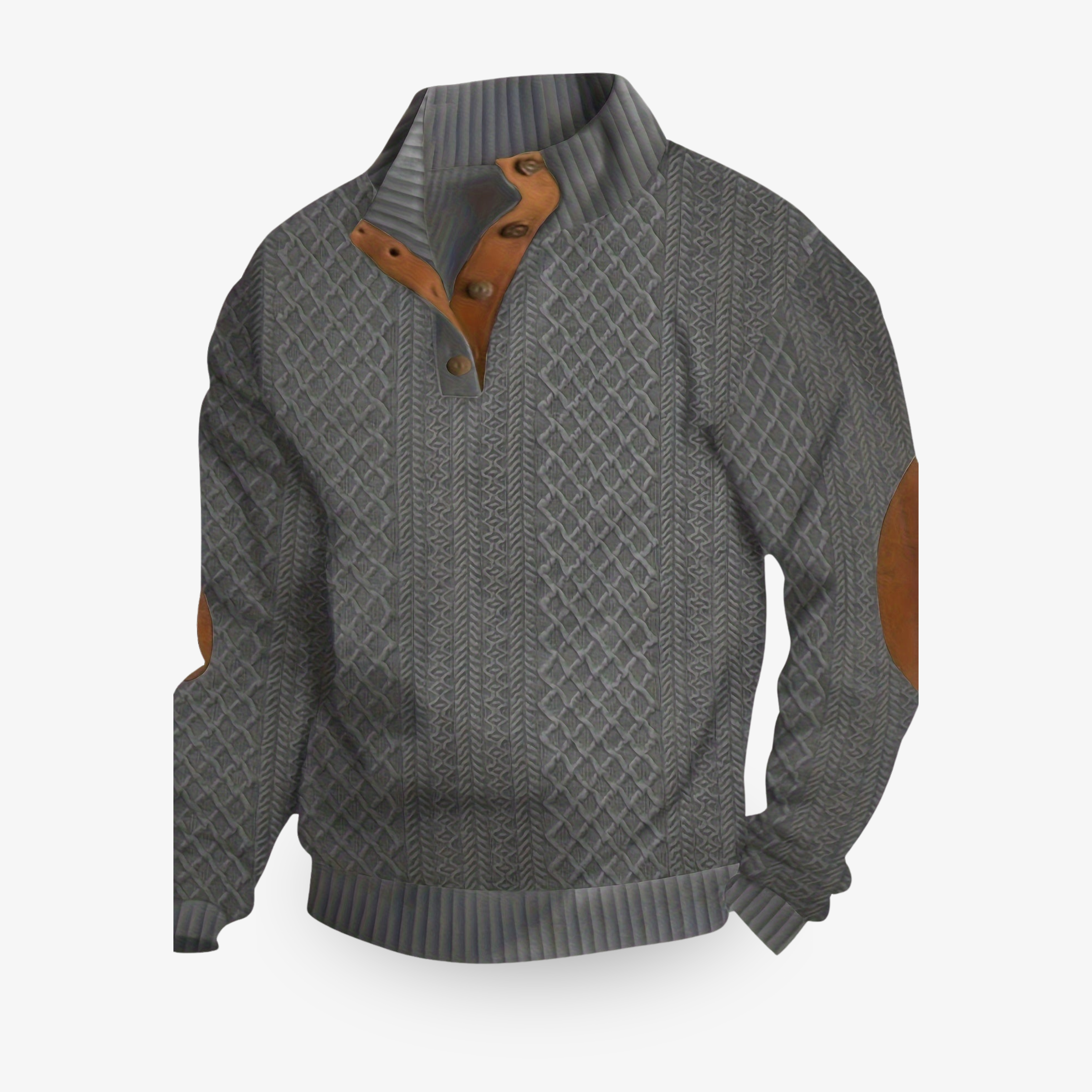 Men's cream cable knit sweater with quarter zip and brown suede elbow patches