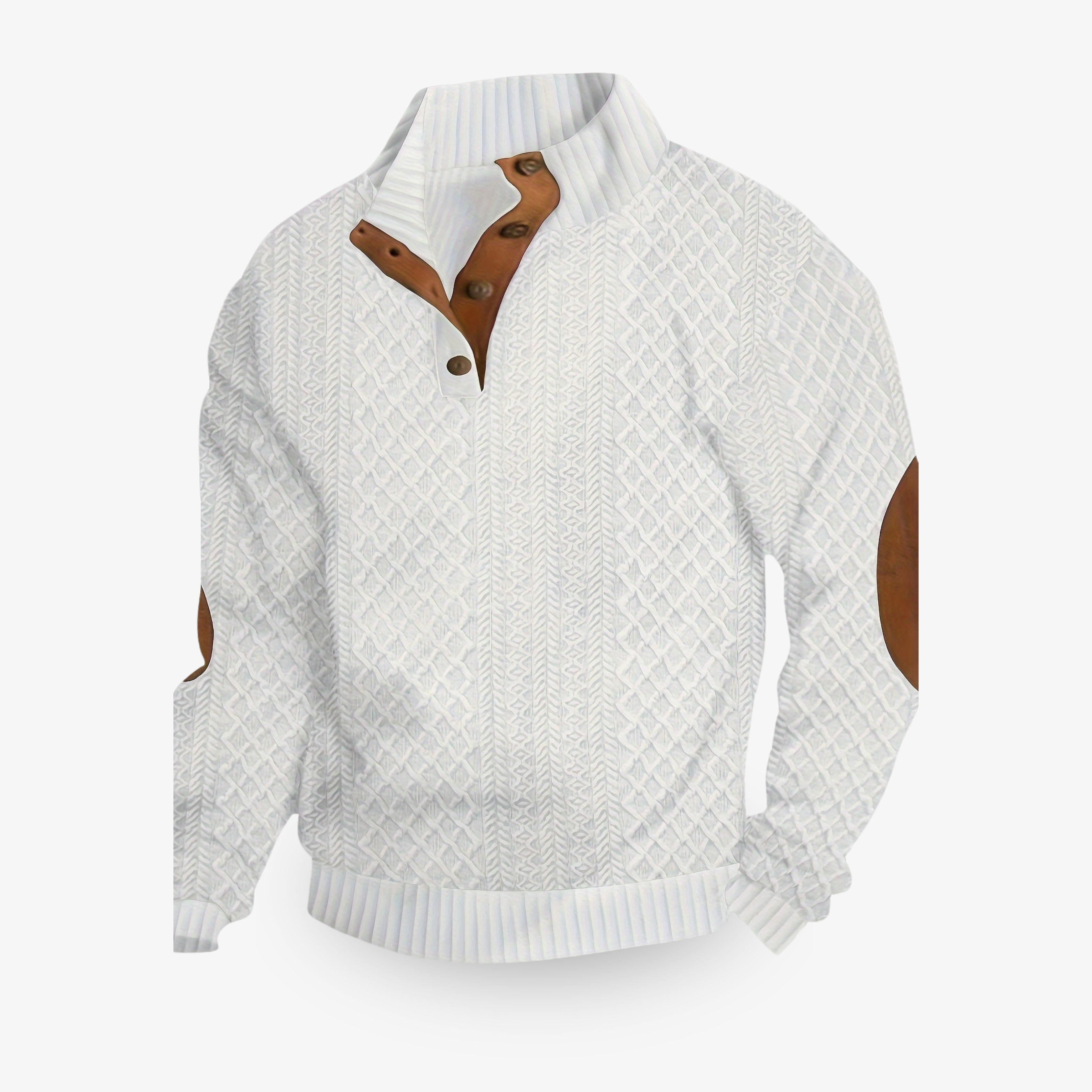 Men's cream cable knit sweater with quarter zip and brown suede elbow patches