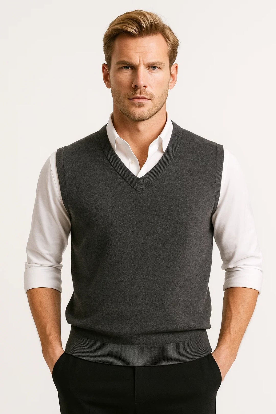 Men's sleeveless V-neck sweater vest with ribbed trims worn over a white shirt