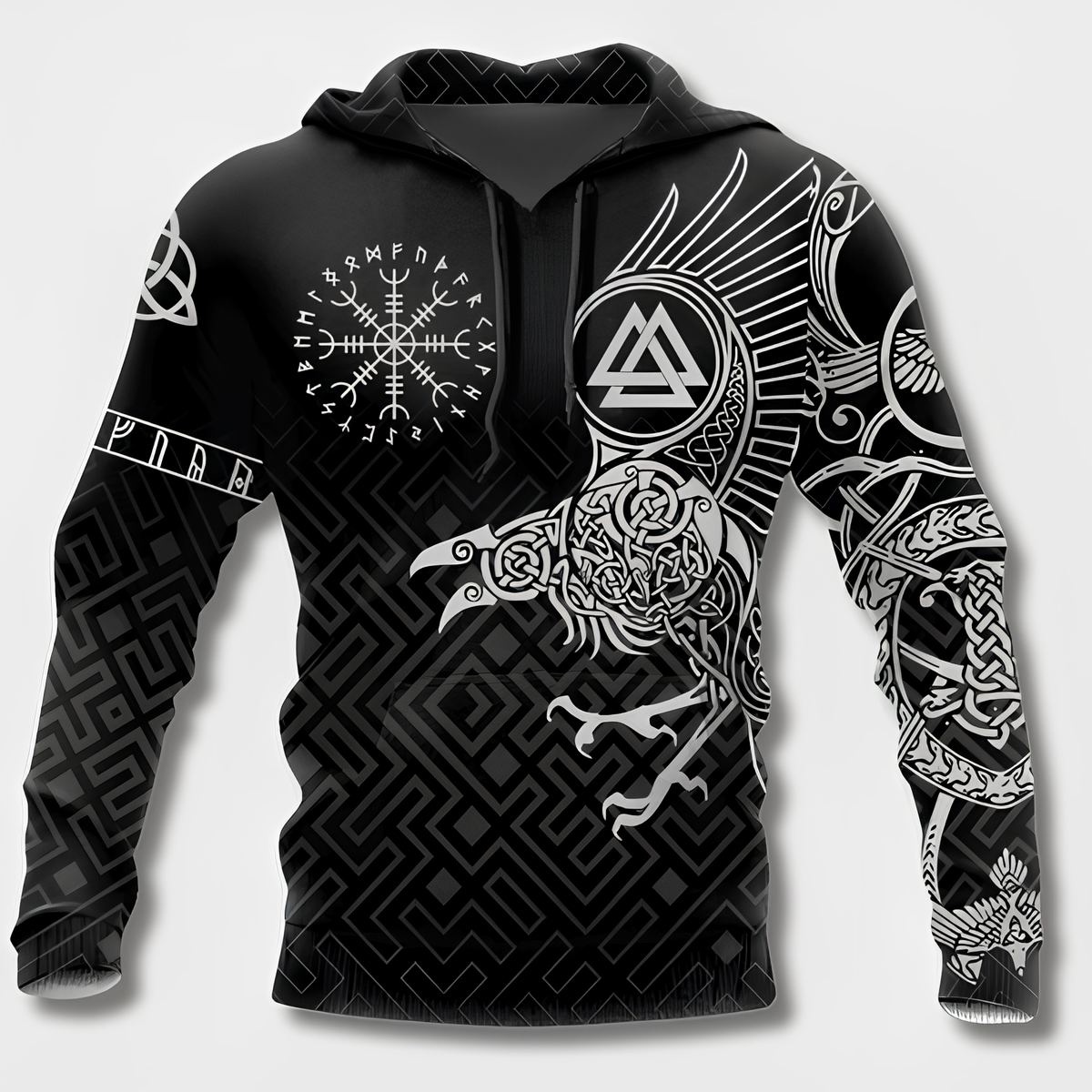 Men's black hoodie with detailed Viking graphic motifs and long sleeves