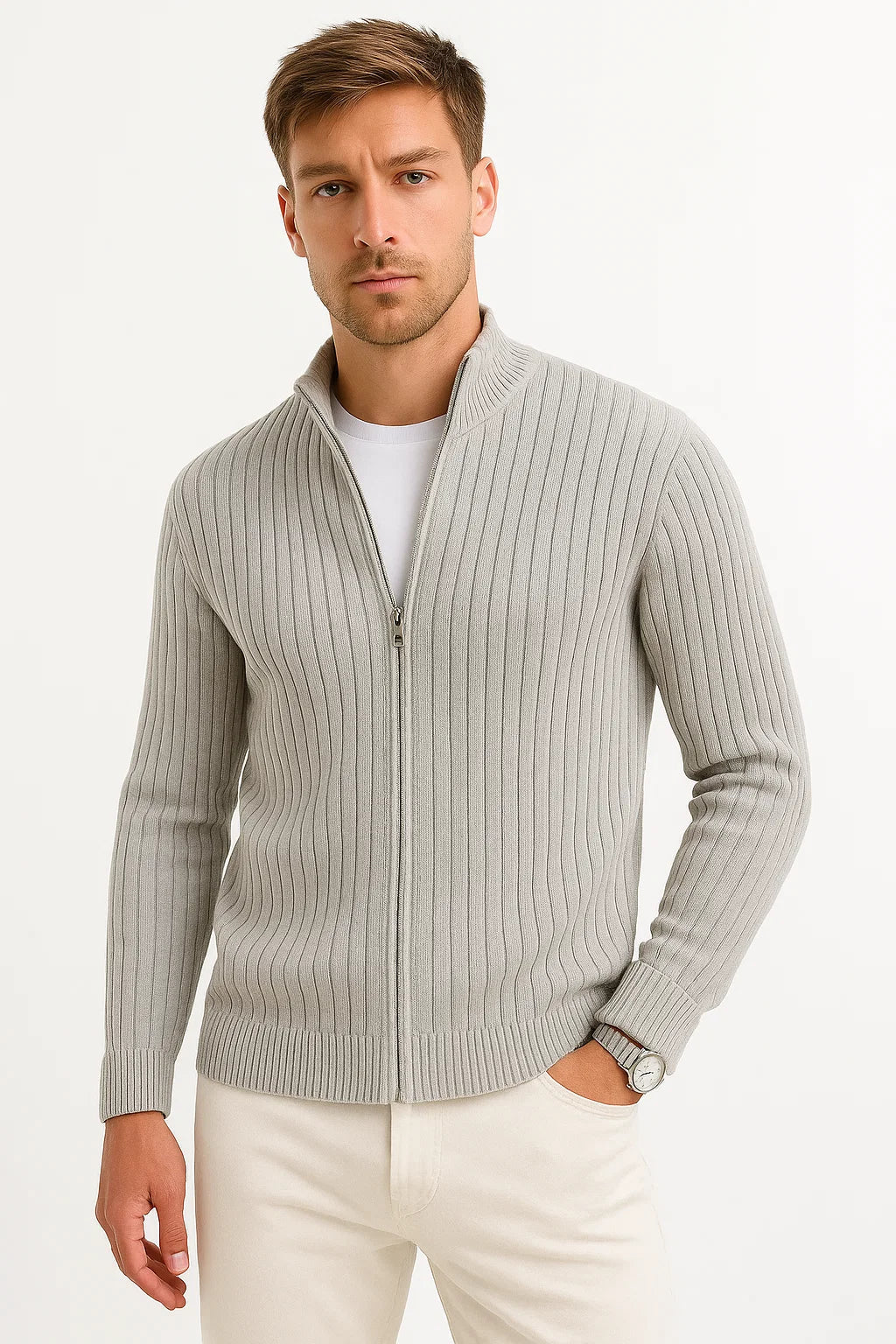 Men's Grey Ribbed-Knit Lightweight Cardigan