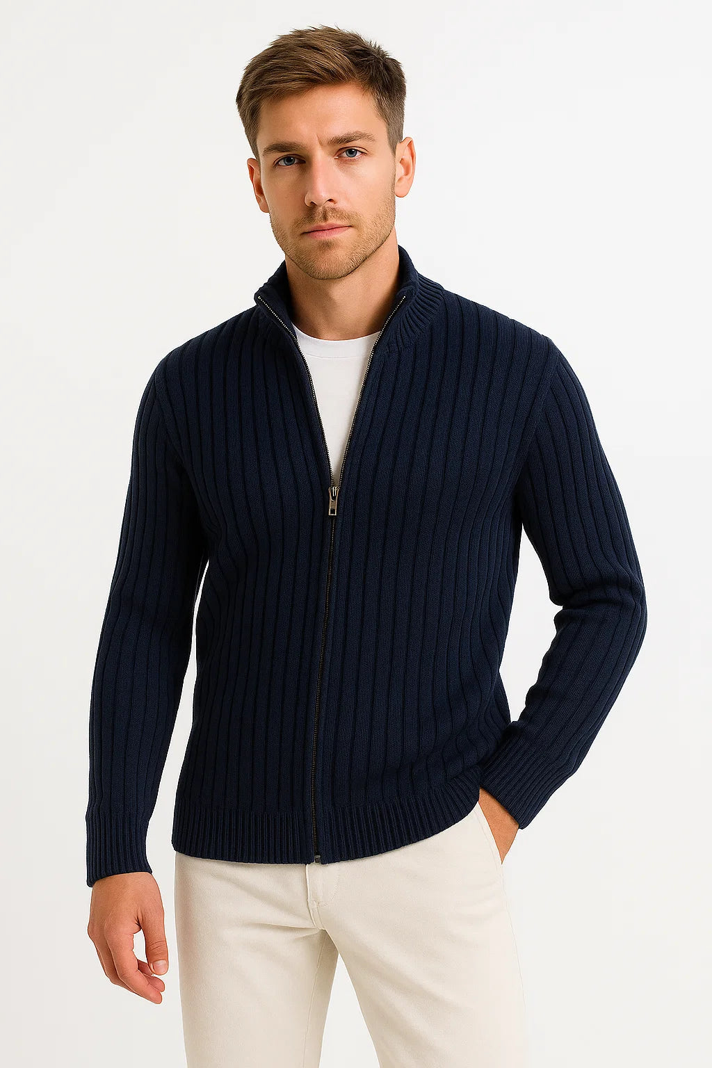 Men's Grey Ribbed-Knit Lightweight Cardigan