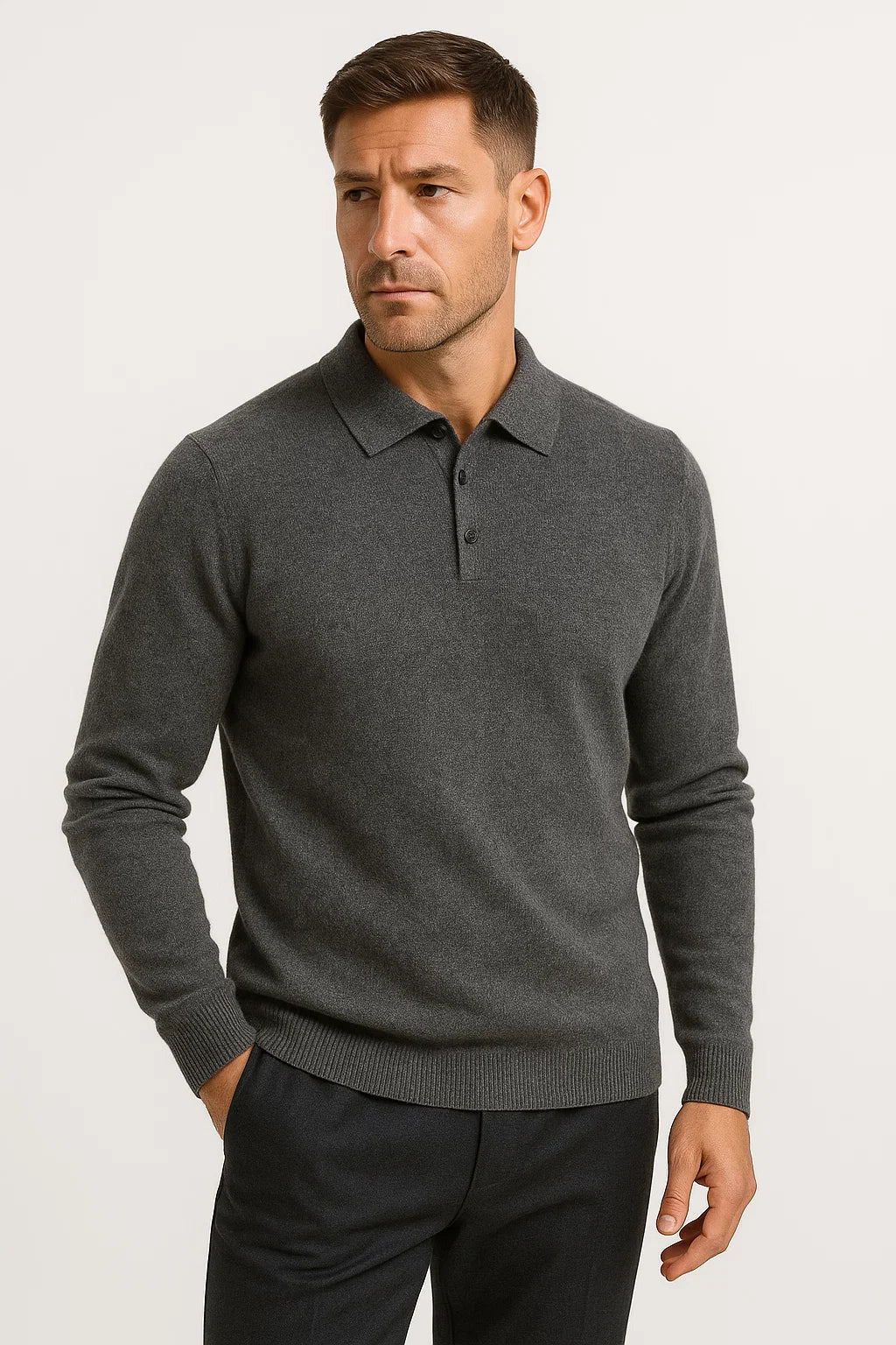 Men's Long-Sleeve Merino Wool Polo Jumper