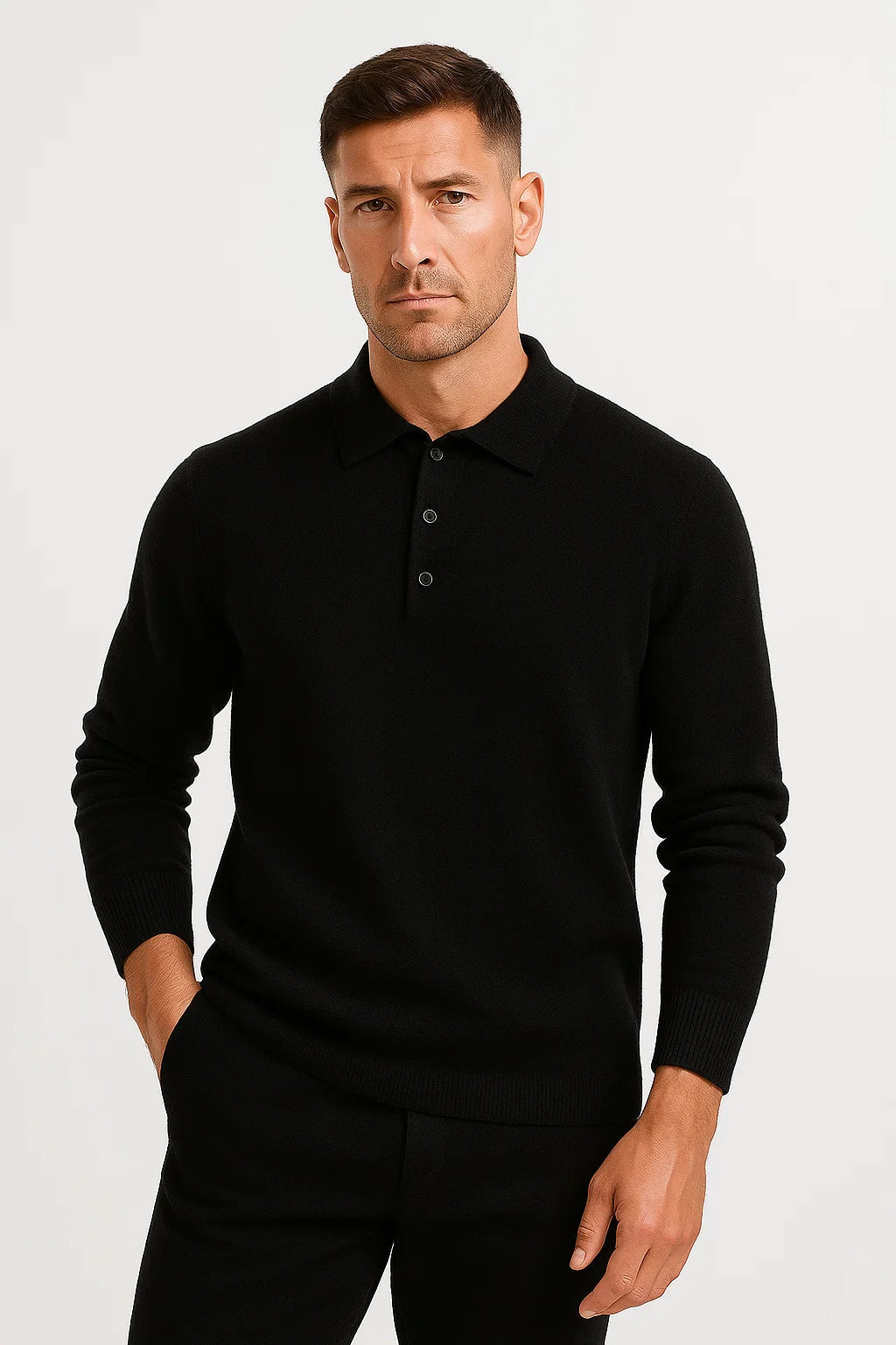 Men's Long-Sleeve Merino Wool Polo Jumper