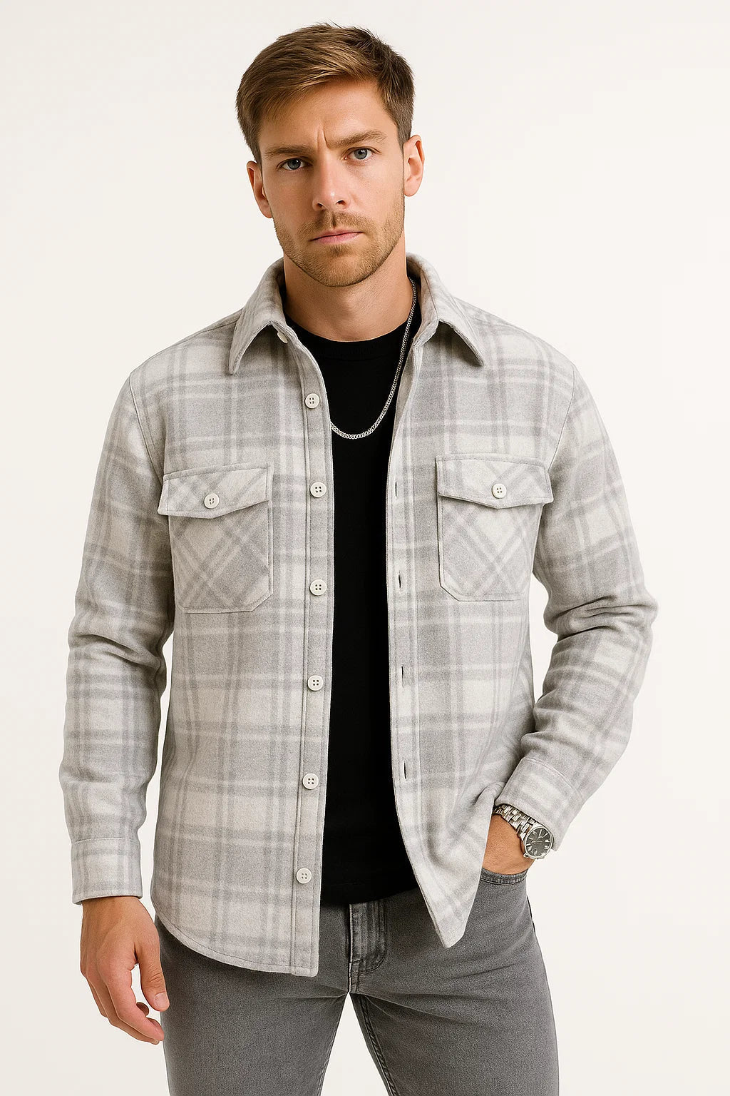 Men's Checked Long-Sleeve Shirt, Khaki Cotton Blend