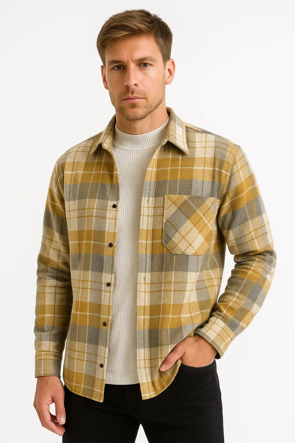Men's Checked Long-Sleeve Shirt, Khaki Cotton Blend