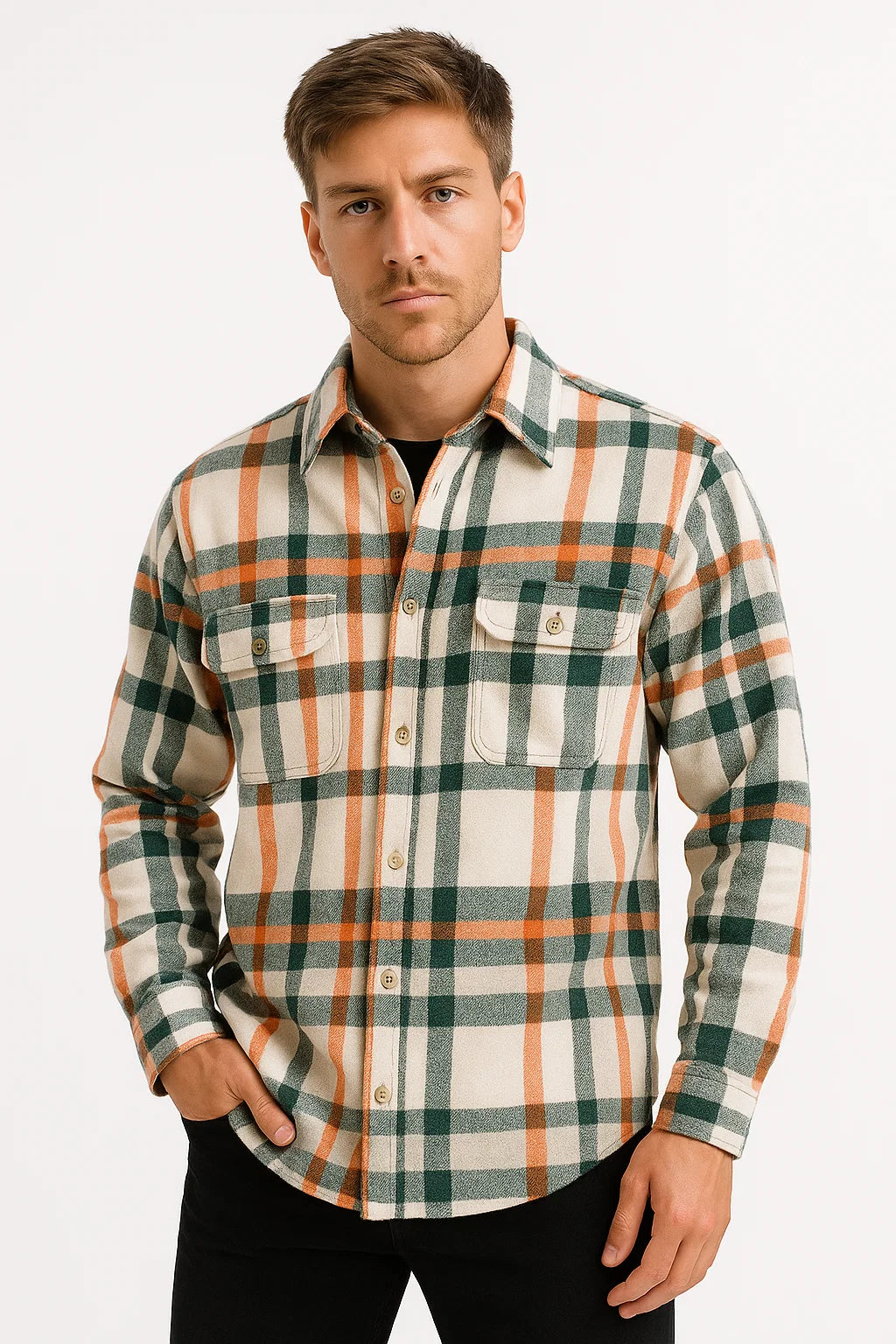 Men's Checked Long-Sleeve Shirt, Khaki Cotton Blend