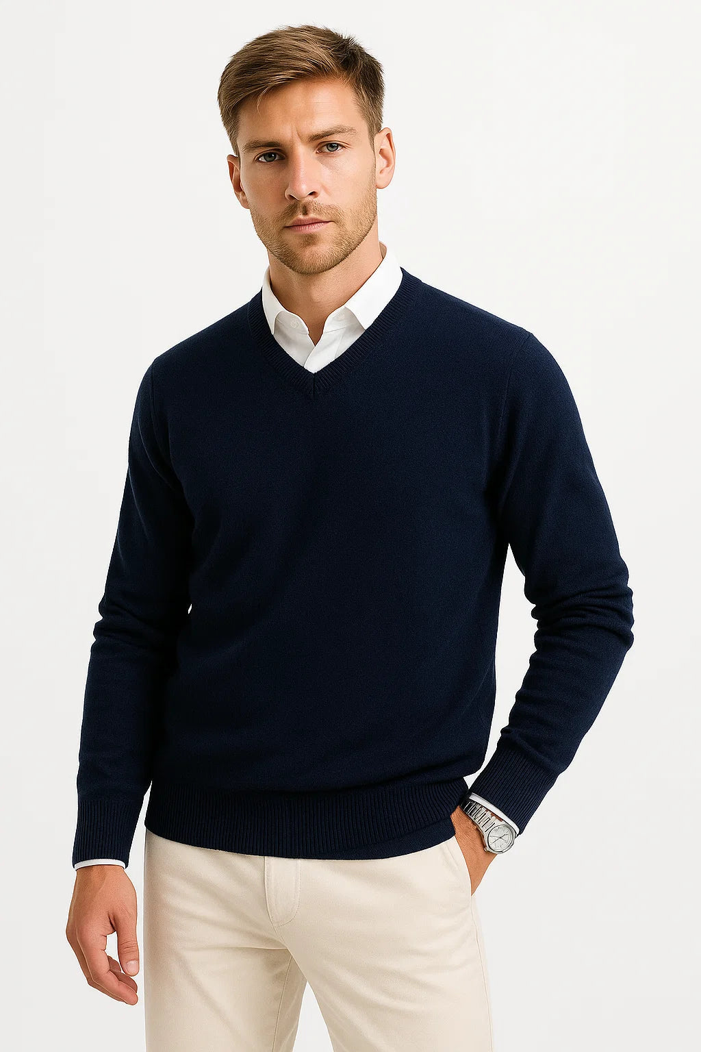 Men's V-Neck Wool-Blend Lightweight Knit