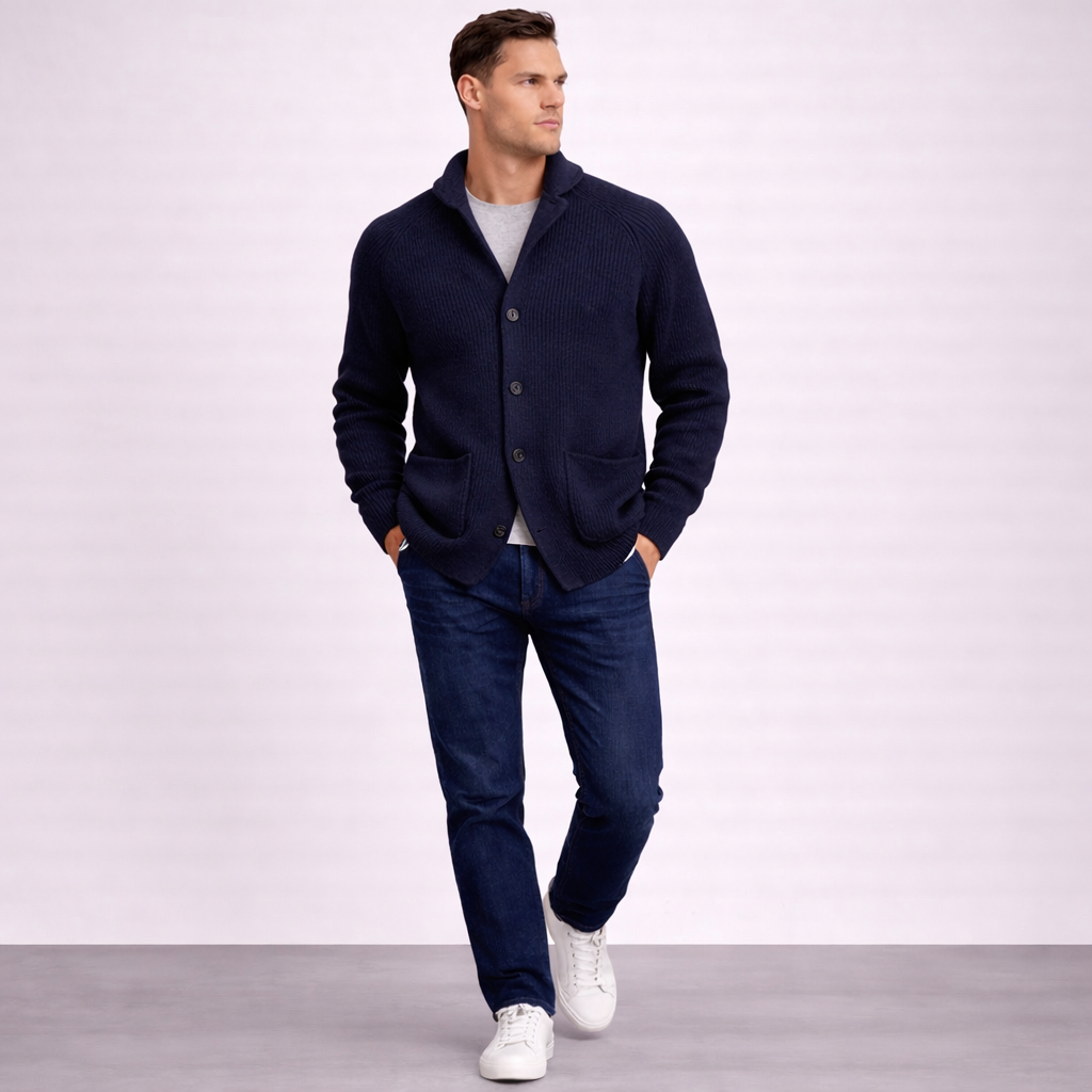 Men's ribbed shawl-collar cardigan with buttons and front pockets