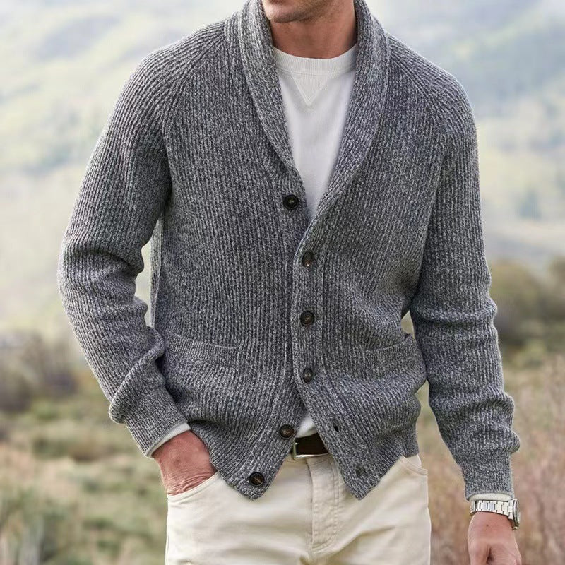 Men's ribbed cardigan with shawl collar, button front and patch pockets