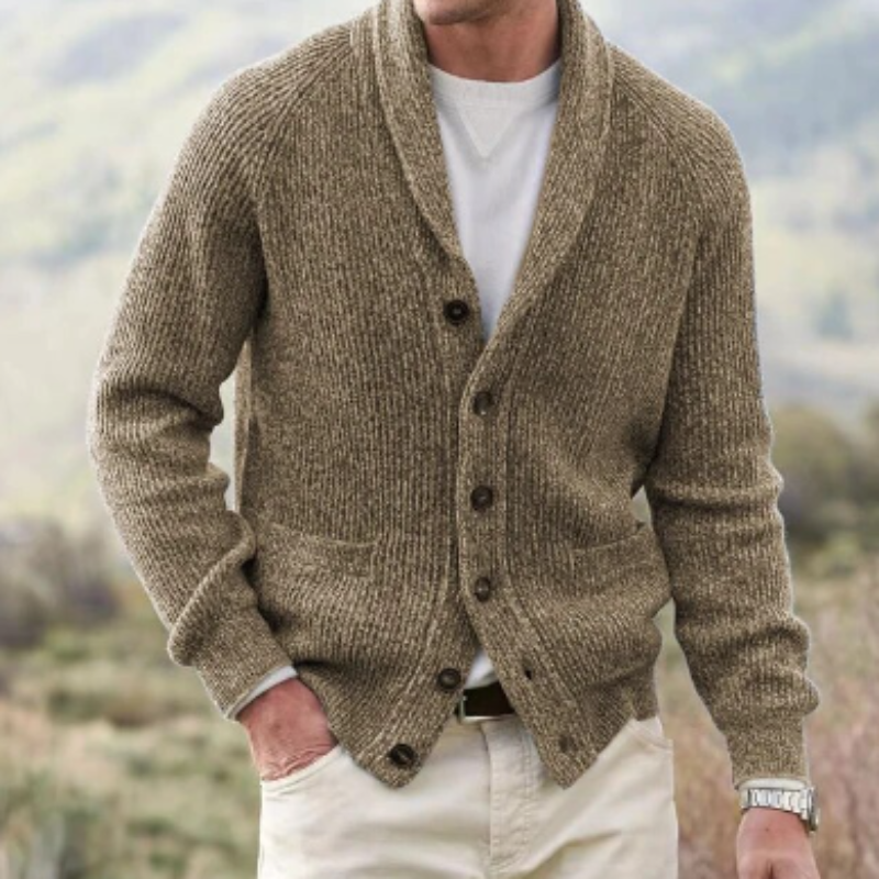 Men's ribbed cardigan with shawl collar, button front and patch pockets