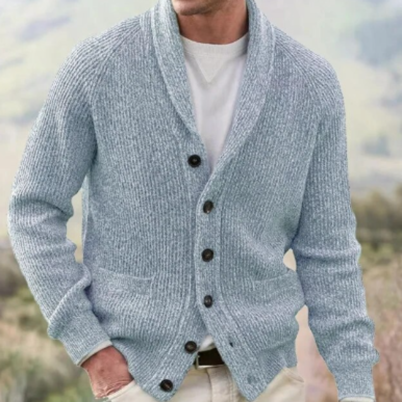 Men's ribbed cardigan with shawl collar, button front and patch pockets