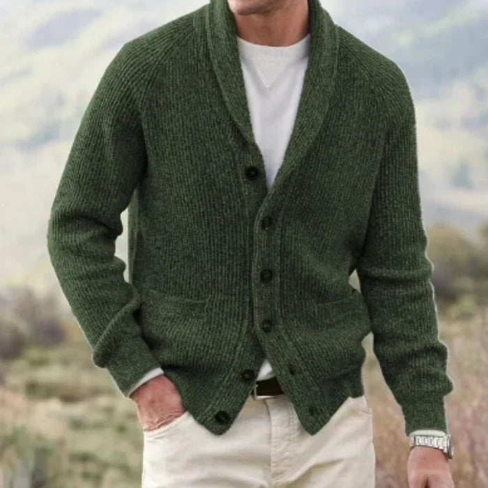 Men's ribbed cardigan with shawl collar, button front and patch pockets