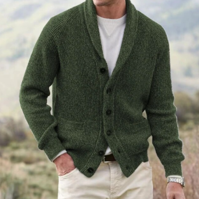 Men's ribbed cardigan with shawl collar, button front and patch pockets