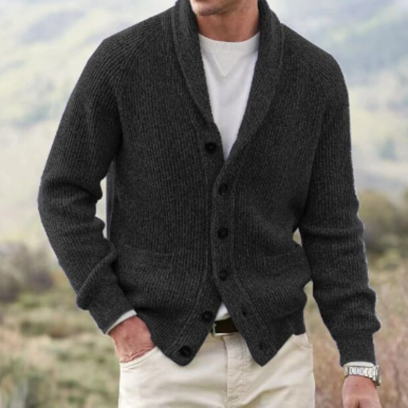 Men's ribbed cardigan with shawl collar, button front and patch pockets
