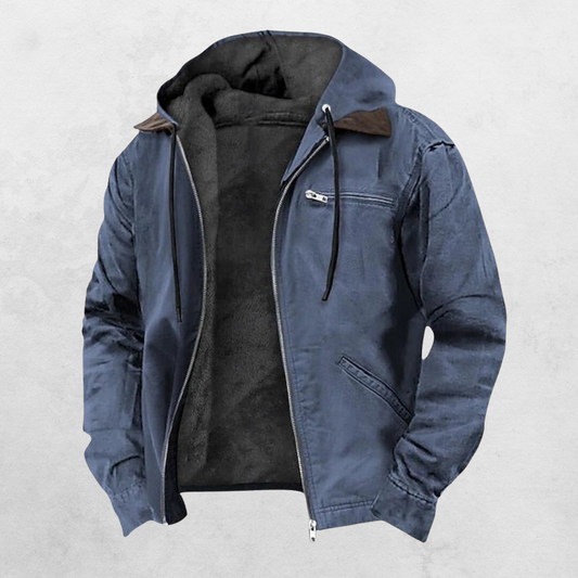 Men's hooded puffer jacket with long sleeves, zip front and multiple pockets