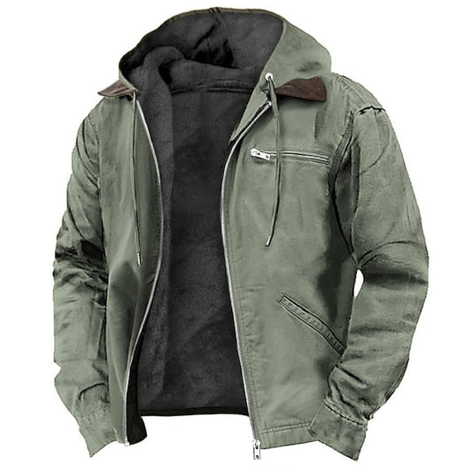 Men's hooded full-zip utility jacket with long sleeves and front pockets