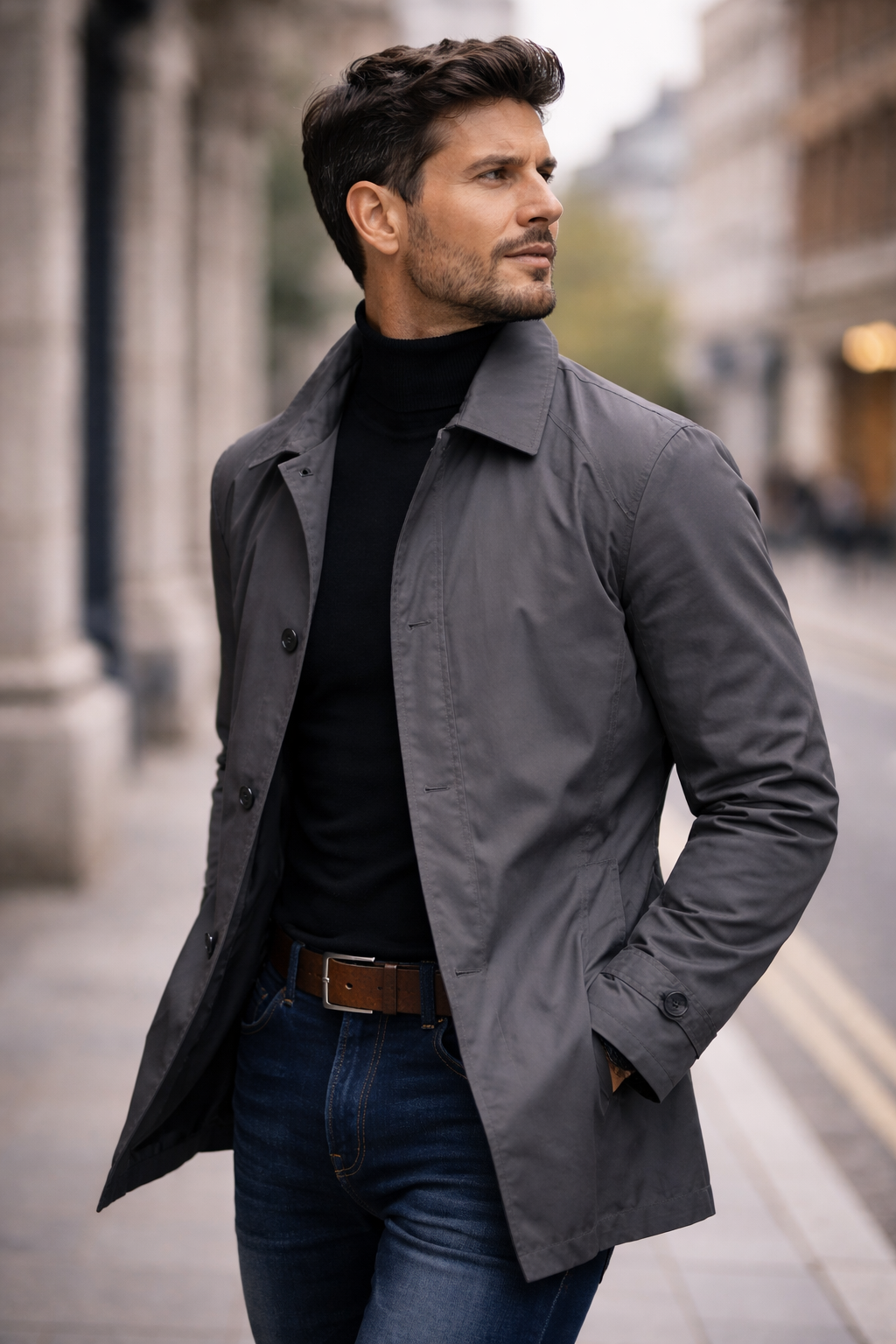 Men's trench jacket with pointed collar, button front and side pockets