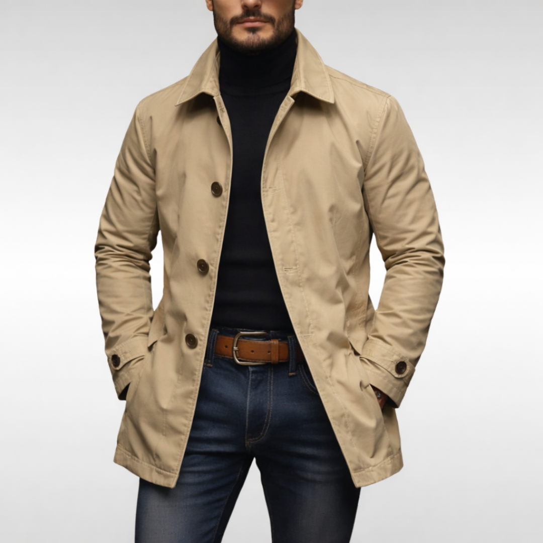 Men's trench jacket with pointed collar, button front and side pockets