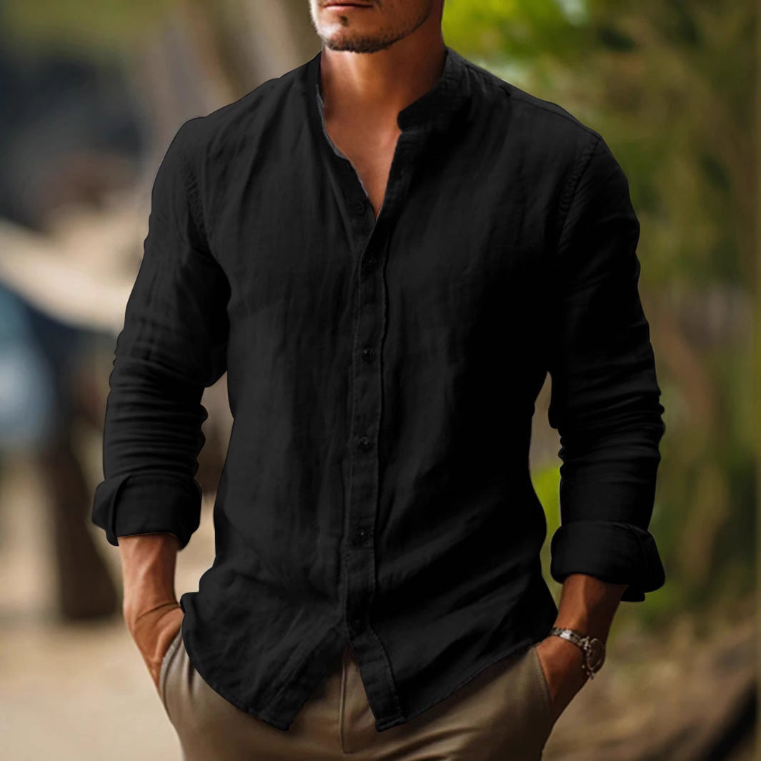 Men's stand collar shirt with long sleeves and curved hem