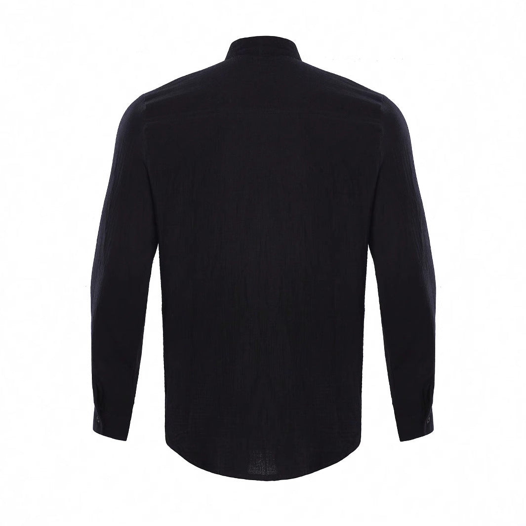 Men's stand collar shirt with long sleeves and curved hem