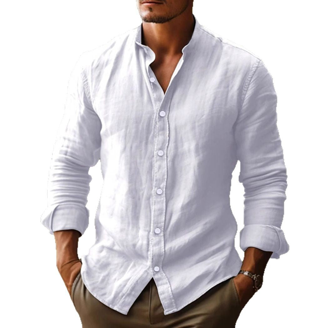 Men's stand collar shirt with long sleeves and curved hem