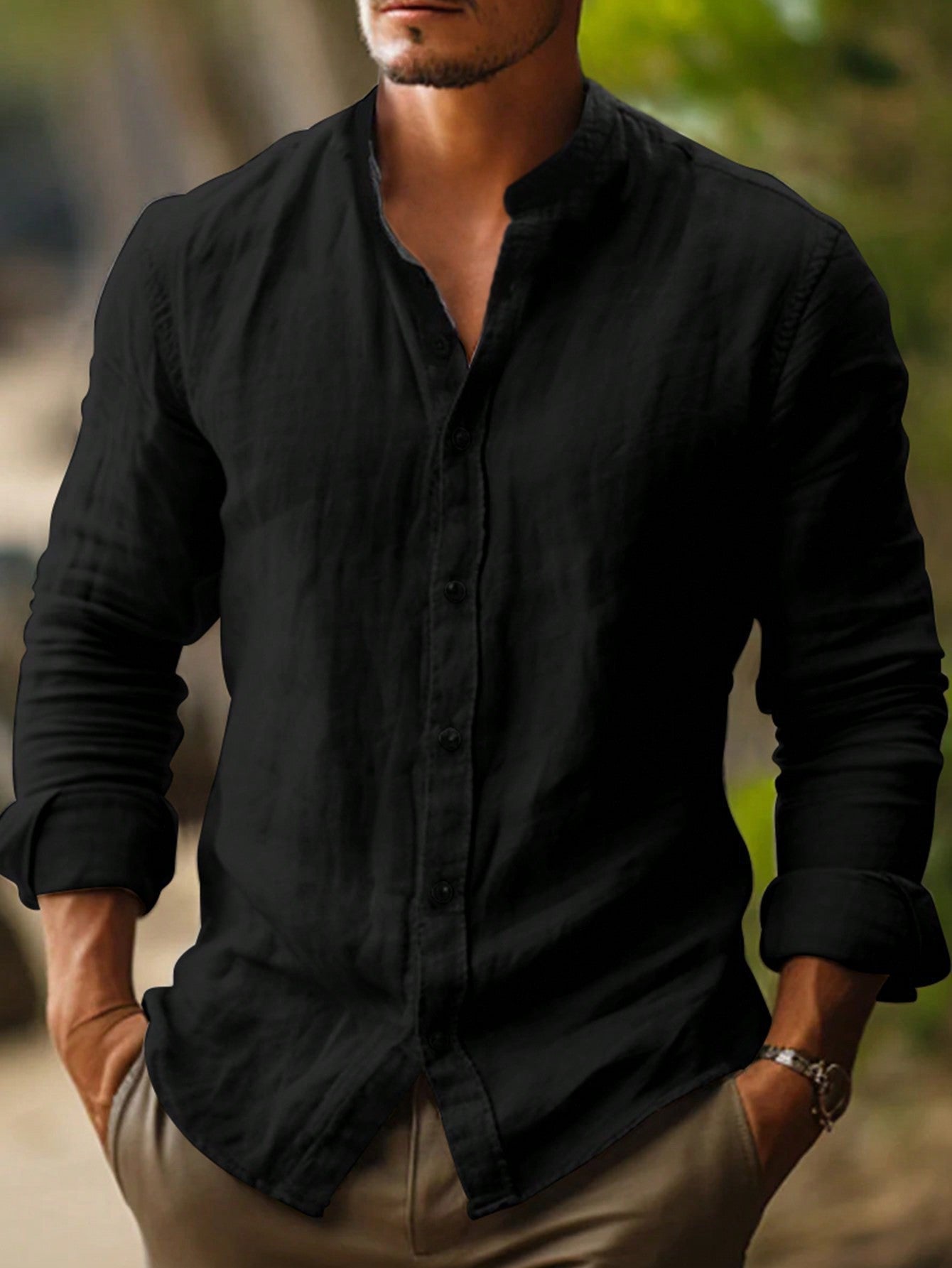 Men's stand collar shirt with long sleeves and curved hem
