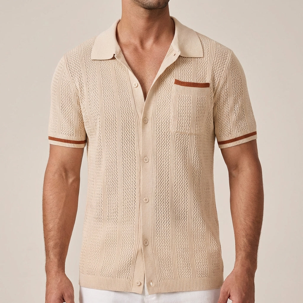 Men's Camp Collar Shirt, Openwork Knit, Contrast Stripe