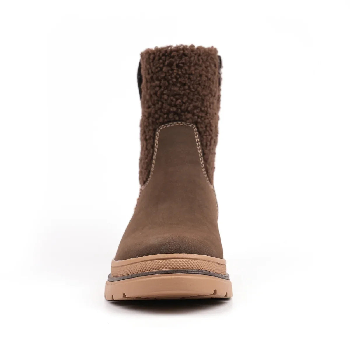 Brown ankle boots with textured collar, side zip and treaded sole