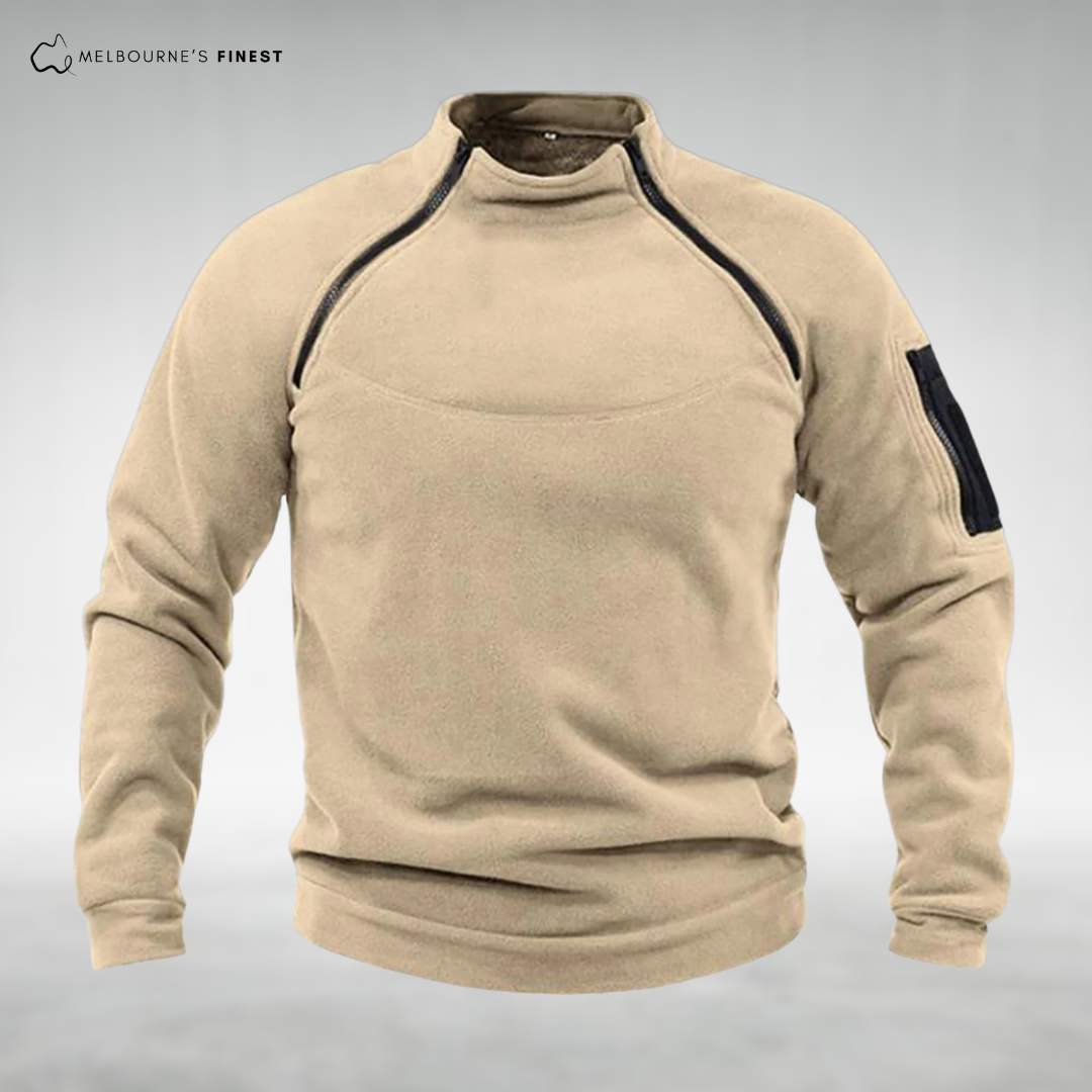 Unisex long sleeve fleece pullover with high collar and sleeve zip pocket