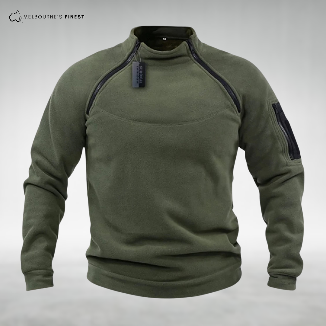 Unisex long sleeve fleece pullover with high collar and sleeve zip pocket