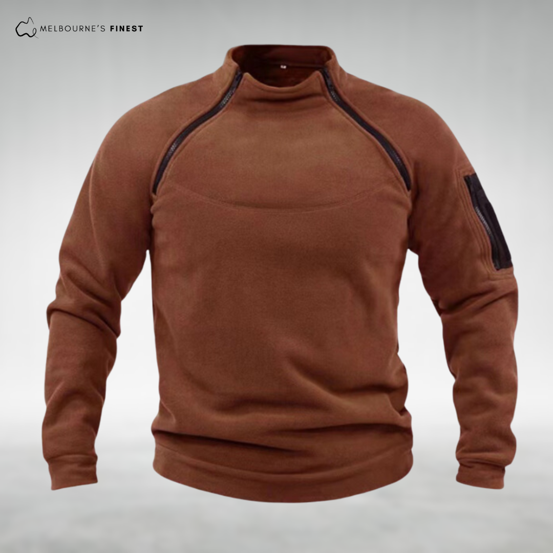Unisex long sleeve fleece pullover with high collar and sleeve zip pocket
