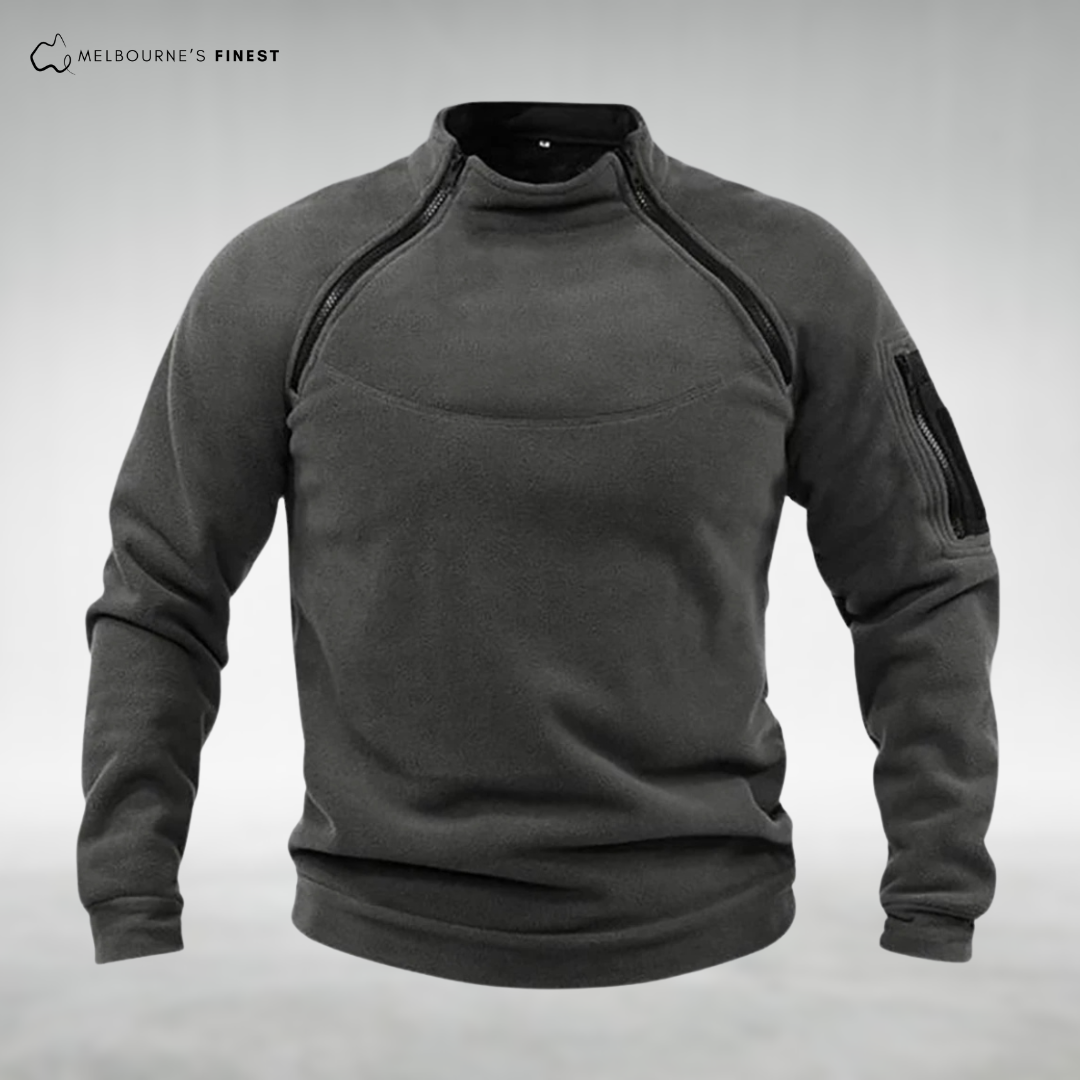 Unisex long sleeve fleece pullover with high collar and sleeve zip pocket