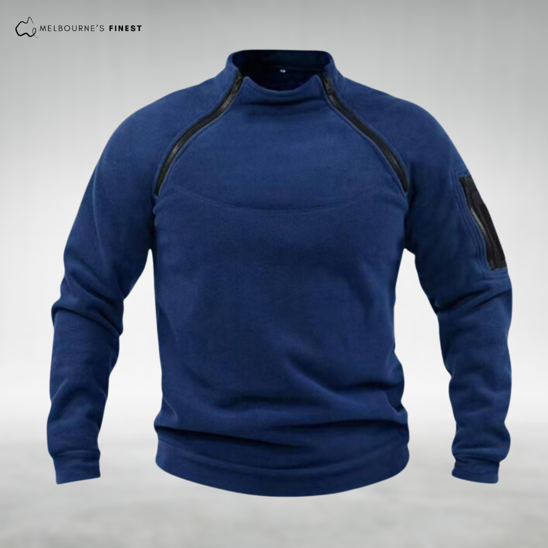 Unisex long sleeve fleece pullover with high collar and sleeve zip pocket