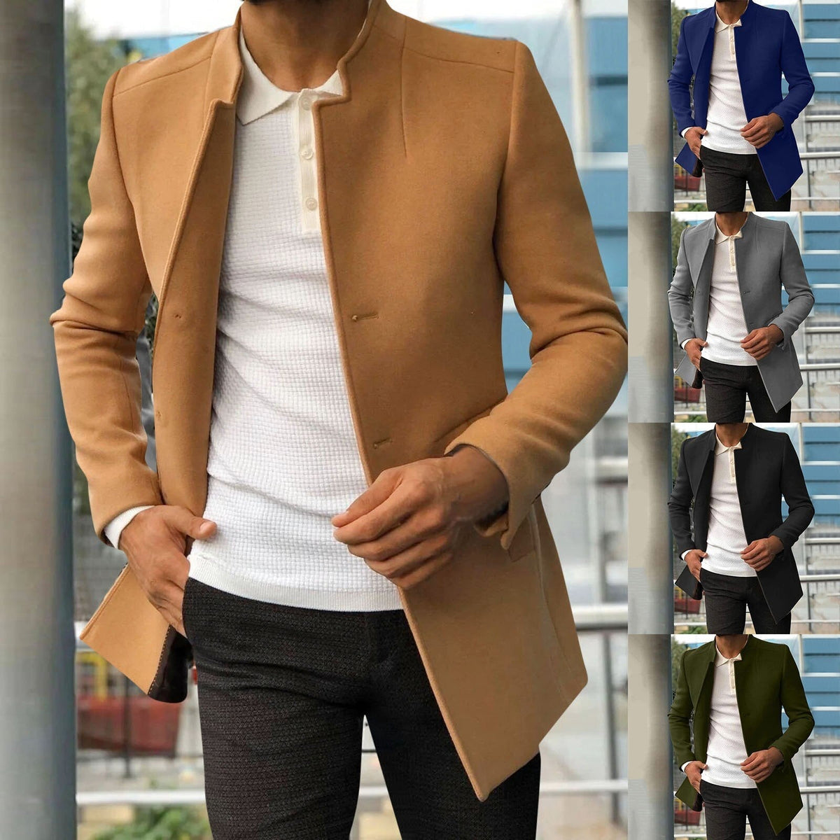 Men's longline stand collar jacket with long sleeves and front pockets