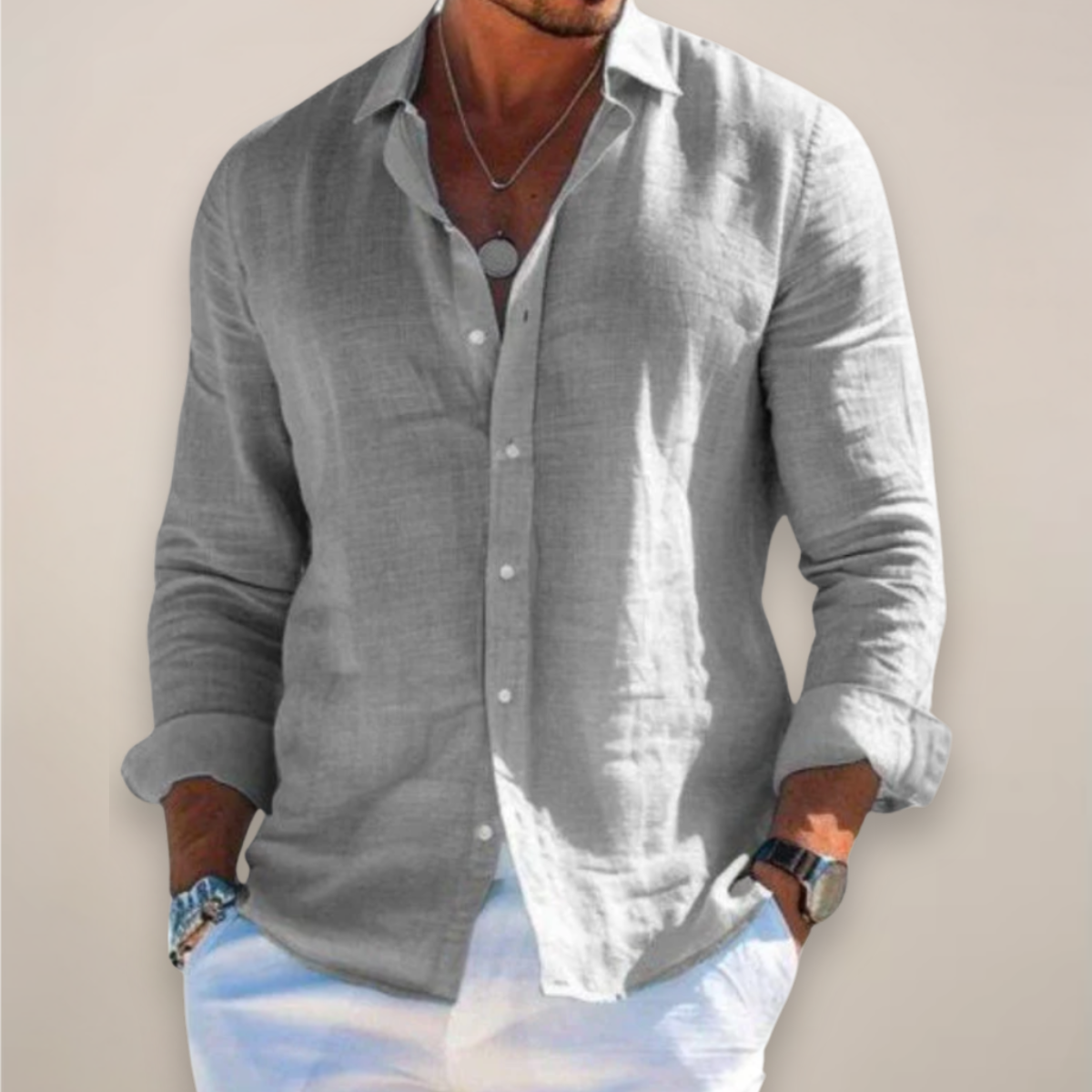 Men's light gray long sleeve button-up shirt, relaxed fit